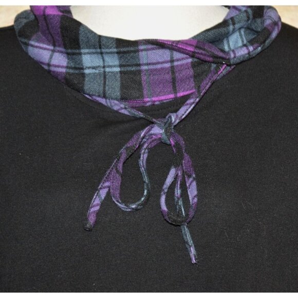 Bulotus Black & Purple Plaid Tie Up Cowl Neck Thin Knit Shirt Top Size XL Tunic - Picture 3 of 9